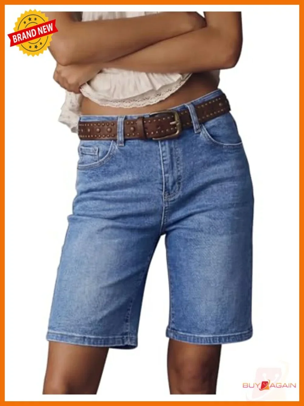 High Waisted Stretch Denim Bermuda Shorts Knee Length Cutoff Loose Fit 5 Pockets